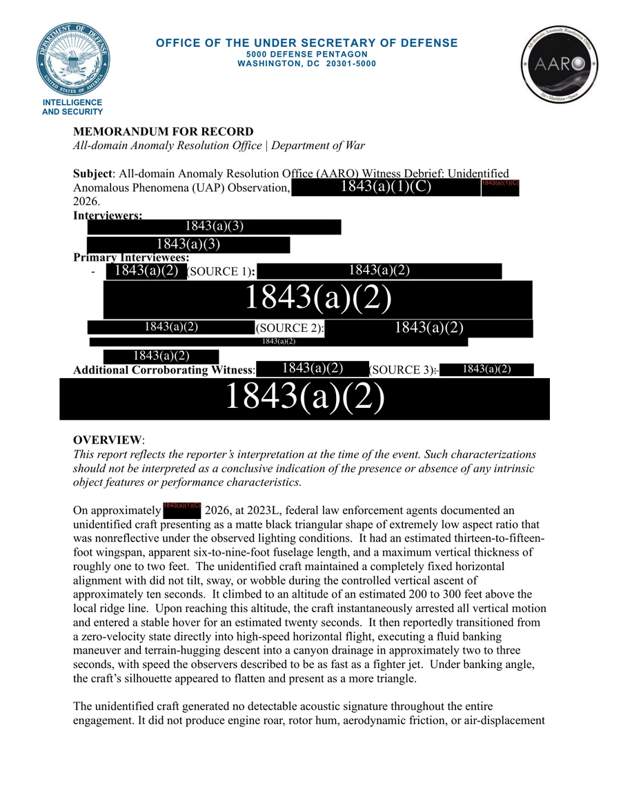 Page 1 of the AARO memorandum DOW-UAP-D176, with the date, interviewers and the three sources blacked out under redaction codes, above the opening description of a matte black triangular craft