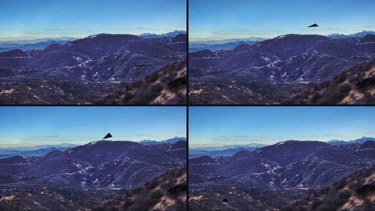 Four composite frames from FBI-UAP-D043 pages 3, 6, 7 and 11: a black shape added as a thin sliver against a hillside, a flat triangle above the ridge, a triangle at the ridge crest and a small triangle low in the valley